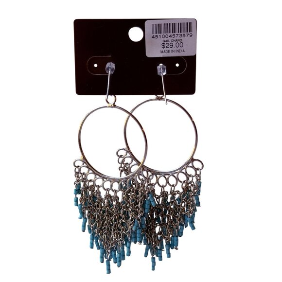 Vintage Chico;s Y2K Silver Hoop Earrings with Turquoise Seed Bead Fringe - Picture 6 of 8